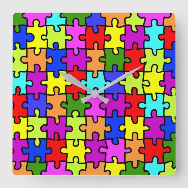 Colorful rainbow jigsaw puzzle pattern square wall clock (Front)