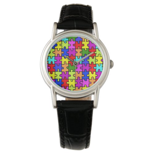 Colorful rainbow jigsaw puzzle pattern watch