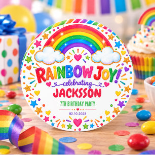 Colorful Rainbow Joy 7th Birthday boy Party Classic Round Sticker