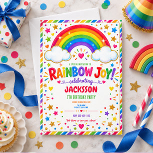 Colorful Rainbow Joy 7th Birthday boy Party Invitation