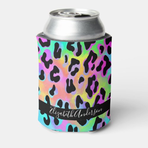 Colorful Rainbow Leopard Spots Personalized  Can Cooler