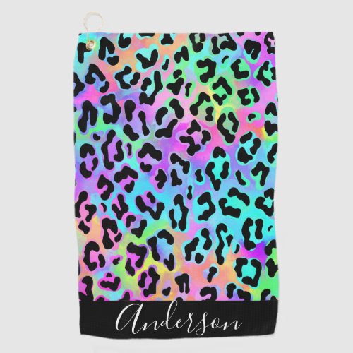 Colorful Rainbow Leopard Spots Personalized Golf Towel