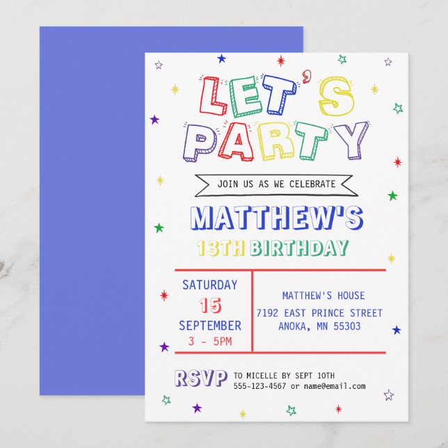 Colorful Rainbow Let's Party Boy Birthday Invitation (Front/Back)