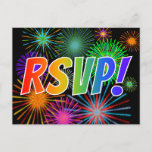 [ Thumbnail: Colorful Rainbow Letters "RSVP!", Firework Pattern Postcard ]