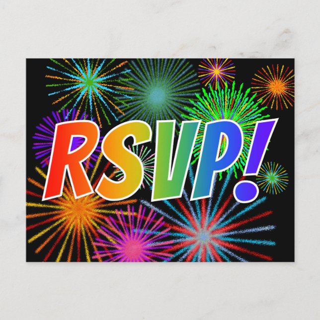 Colorful Rainbow Letters "RSVP!", Firework Pattern Postcard (Front)