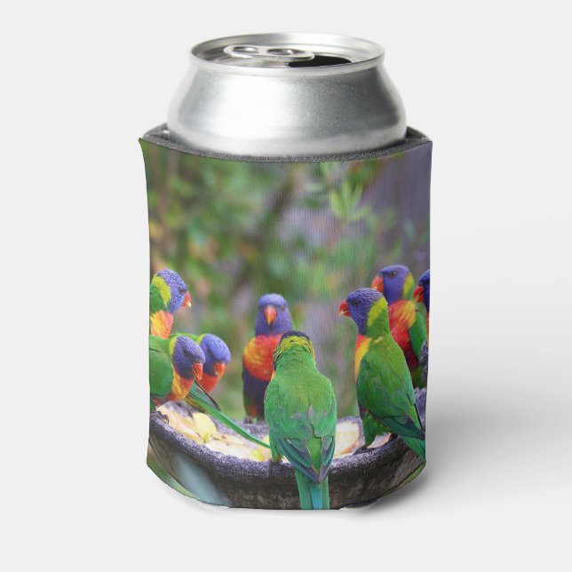 Colorful Rainbow Lorikeet Parrots Eating Can Cooler (Can Back)