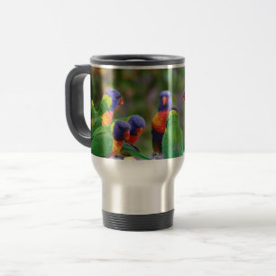 Colorful Rainbow Lorikeet Parrots Eating Travel Mug