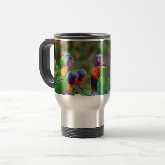 Colorful Rainbow Lorikeet Parrots Eating Travel Mug (Front Left)