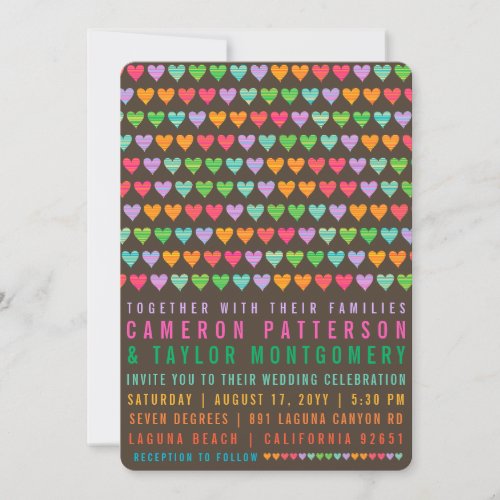 Colorful Rainbow Love Hearts Modern Summer Wedding Invitation