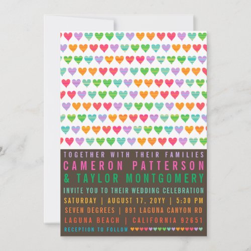 Colorful Rainbow Love Hearts Modern Summer Wedding Invitation
