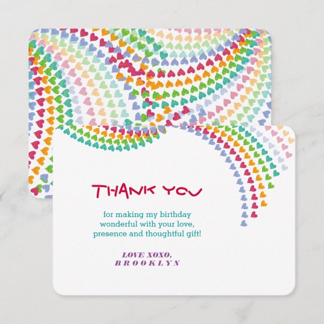 Colorful Rainbow Love Hearts Sprinkles Birthday Thank You Card (Front/Back)