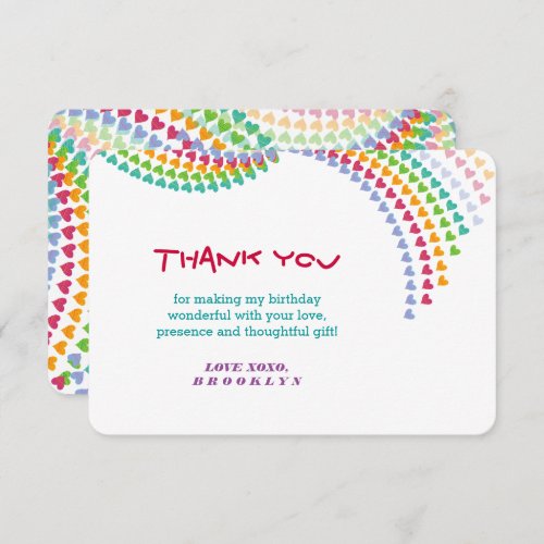 Colorful Rainbow Love Hearts Sprinkles Birthday Thank You Card