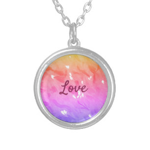 Colorful rainbow love pride lgbtq gay pattern text silver plated necklace