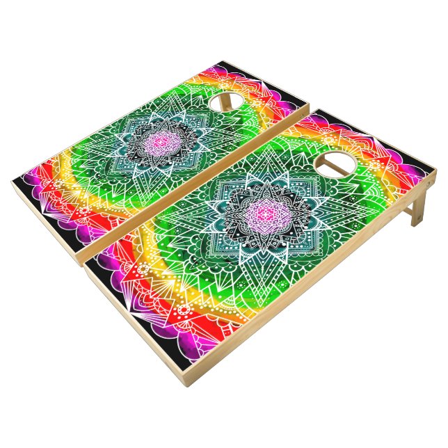 Colorful Rainbow Mandala Cornhole Set (Angled)