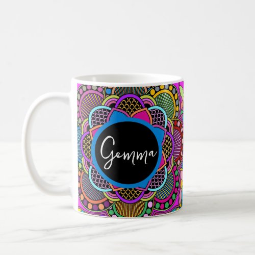 Colorful Rainbow Mandala Doodle Art Custom Name   Coffee Mug
