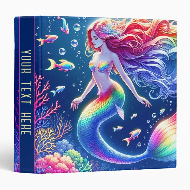 Colorful Rainbow Mermaid Fantasy 3 Ring Binder (Front/Spine)