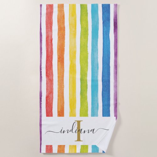 Colorful Rainbow Monogram Name Watercolor Stripes Beach Towel
