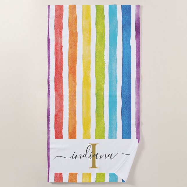 Colorful Rainbow Monogram Name Watercolor Stripes Beach Towel (Front)