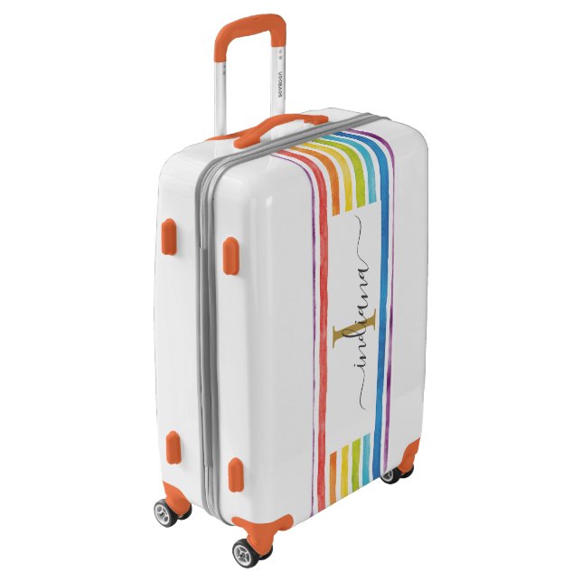 Colorful Rainbow Monogram Name Watercolor Stripes Luggage (Rotated Left)