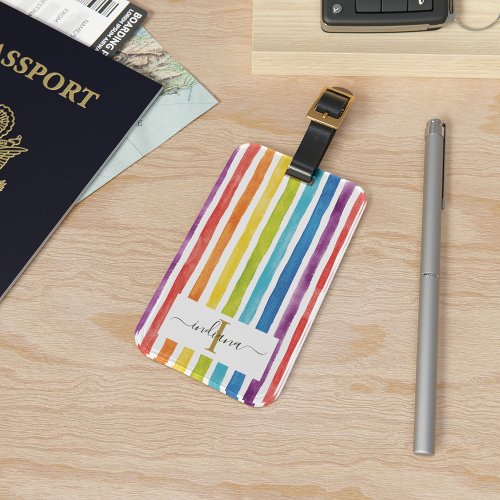 Colorful Rainbow Monogram Name Watercolor Stripes Luggage Tag