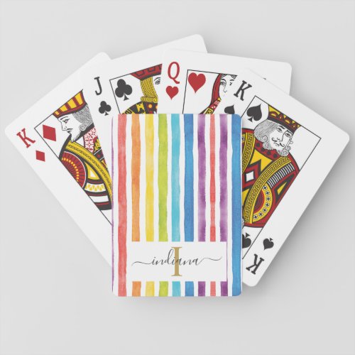 Colorful Rainbow Monogram Name Watercolor Stripes Poker Cards