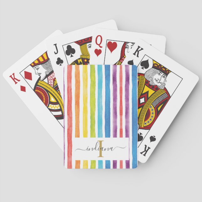 Colorful Rainbow Monogram Name Watercolor Stripes Poker Cards (Back)