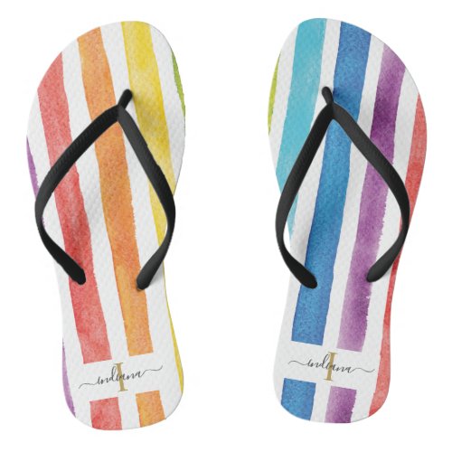 Colorful Rainbow Monogram Stripes Cute Odd Pair Flip Flops