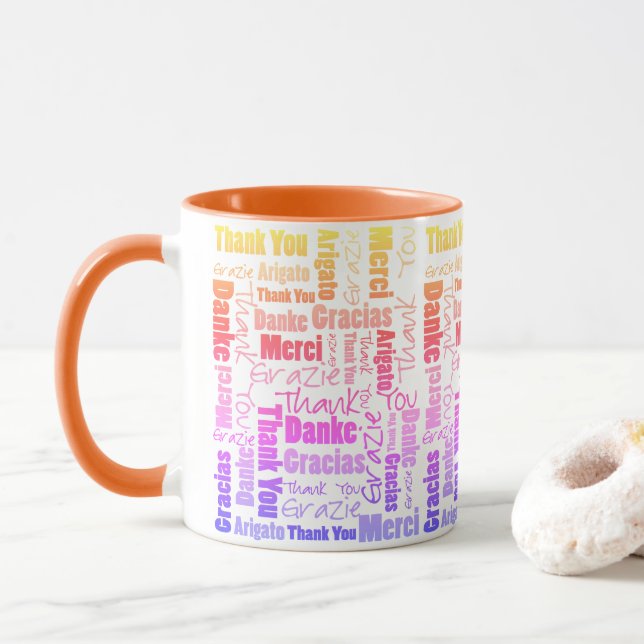 Colorful Rainbow Multilingual Thank You Word Cloud Mug (With Donut)