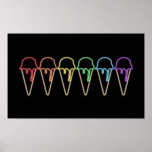 Colorful Rainbow Neon Lights Ice Cream Cones Poster