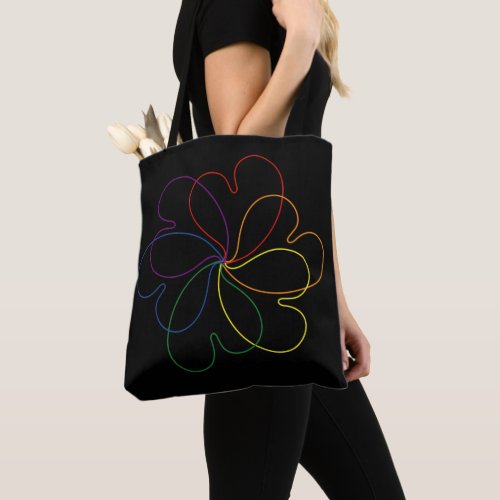 Colorful Rainbow on Black Chic heartS flower Tote Bag