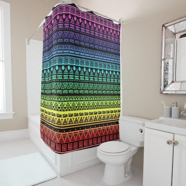 Colorful rainbow ornament shower curtain (In Situ)