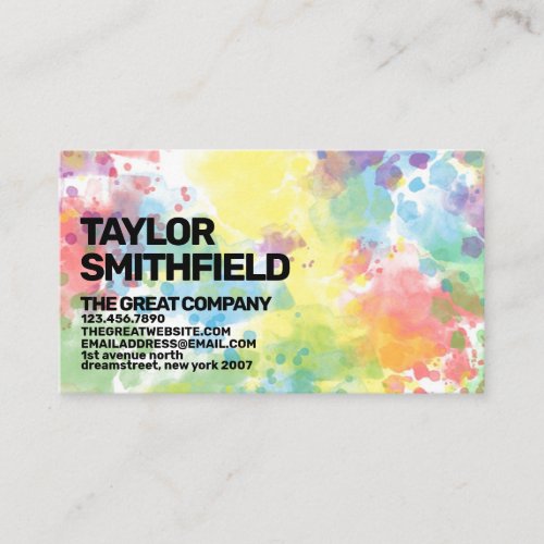 Colorful Rainbow Paint Splatter Watercolor Business Card