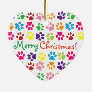 Colorful Rainbow Paw Prints Merry Christmas Ceramic Ornament