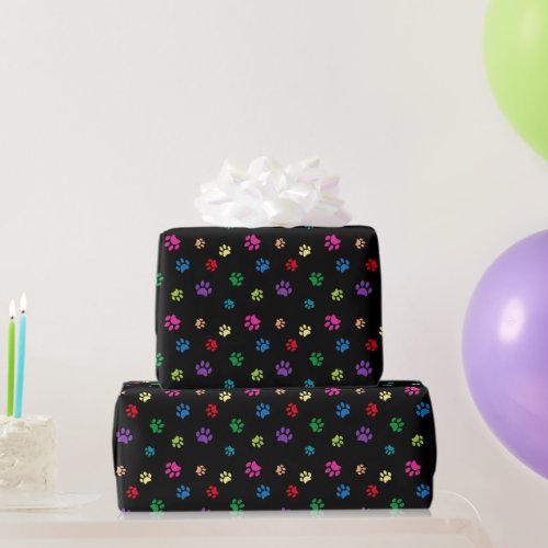 Colorful Rainbow Paw Prints on Black Wrapping Paper