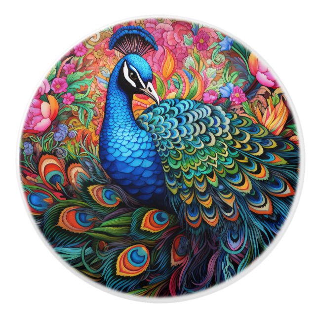 Colorful Rainbow Peacock Ceramic Knob (Front)