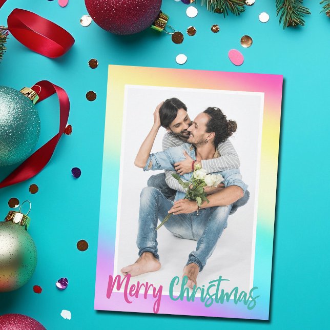 Colorful Rainbow Photo Gay Pride Couple Christmas Holiday Card (Creator Uploaded)