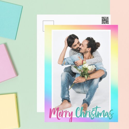 Colorful Rainbow Photo Gay Pride Couple Christmas Postcard