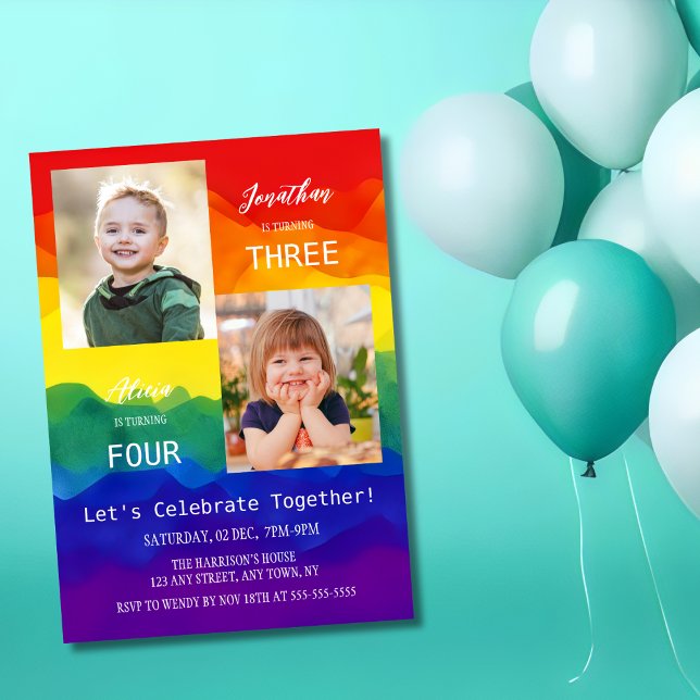Colorful Rainbow Photo Together Joint Birthday  Invitation (Creator Uploaded)