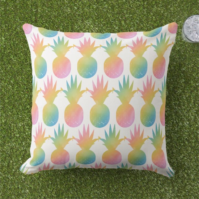 Colorful Rainbow Pineapple Pattern Tropical Outdoor Pillow (Grass)