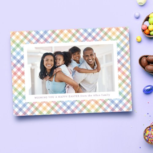 Colorful rainbow plaid frame photo Happy Easter Holiday Card