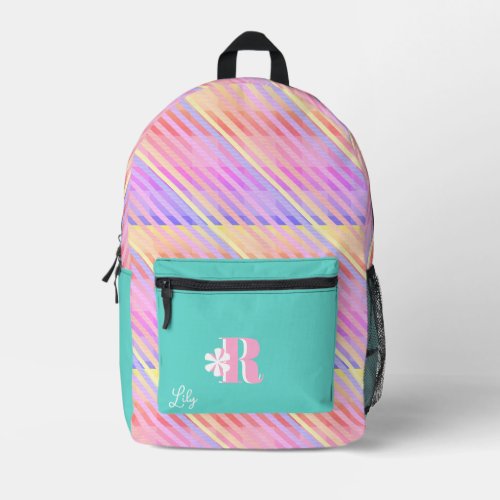 Colorful Rainbow Plaid Monogram Name Girls Printed Backpack