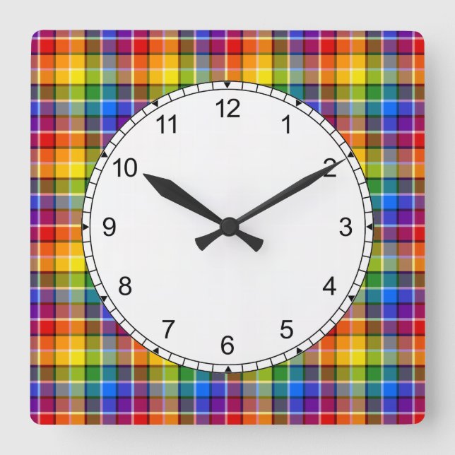 Colorful Rainbow Plaid Pattern Square Wall Clock (Front)