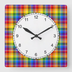 Colorful Rainbow Plaid Pattern Square Wall Clock