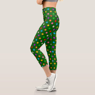 Colorful Rainbow Polka Dots Green Capri Leggings