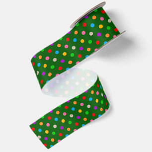 Colorful Rainbow Polka Dots Green Satin Ribbon