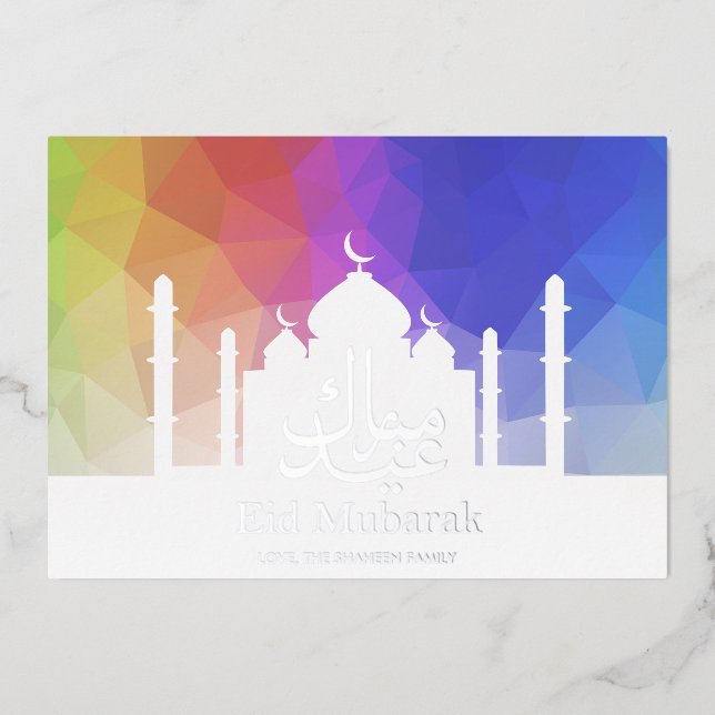 Colorful Rainbow Polygonal Eid Mubarak Mosque Foil Holiday Card (Front)