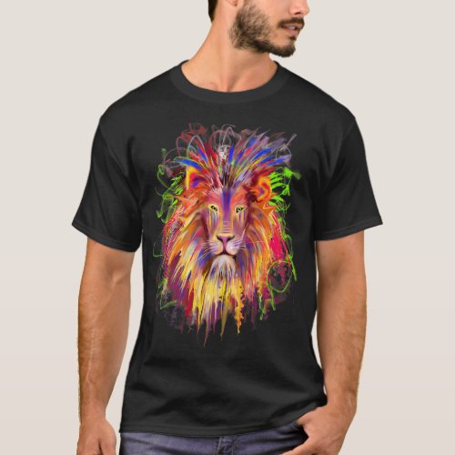 Colorful Rainbow Psychedelic Tribal Lion Head Prin T_Shirt
