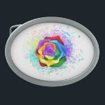 Colorful Rainbow Rose Belt Buckle<br><div class="desc">Large,  blooming rose with rainbow petals on white background,  painted over with splashes of colorful,  bright paint. 3d</div>