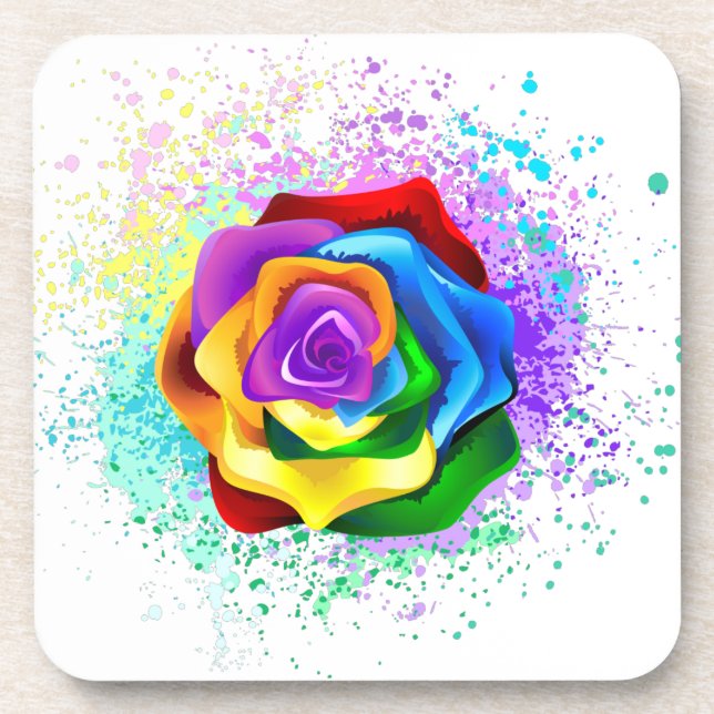 Colorful Rainbow Rose Beverage Coaster (Front)