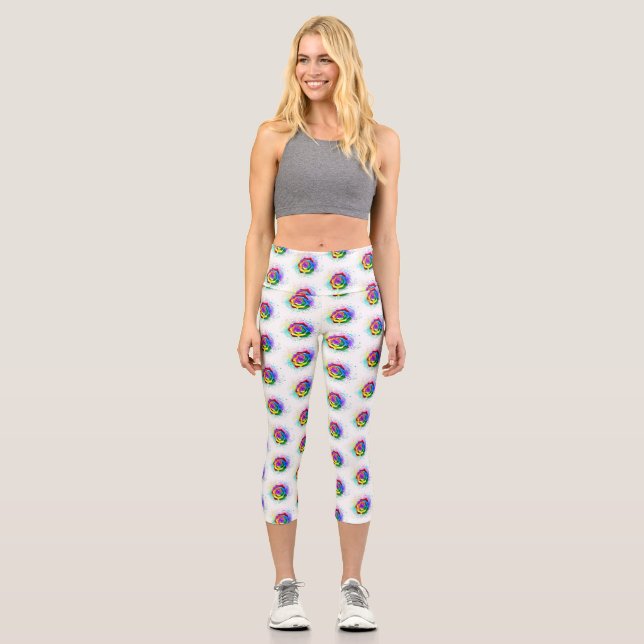Colorful Rainbow Rose Capri Leggings (Front)